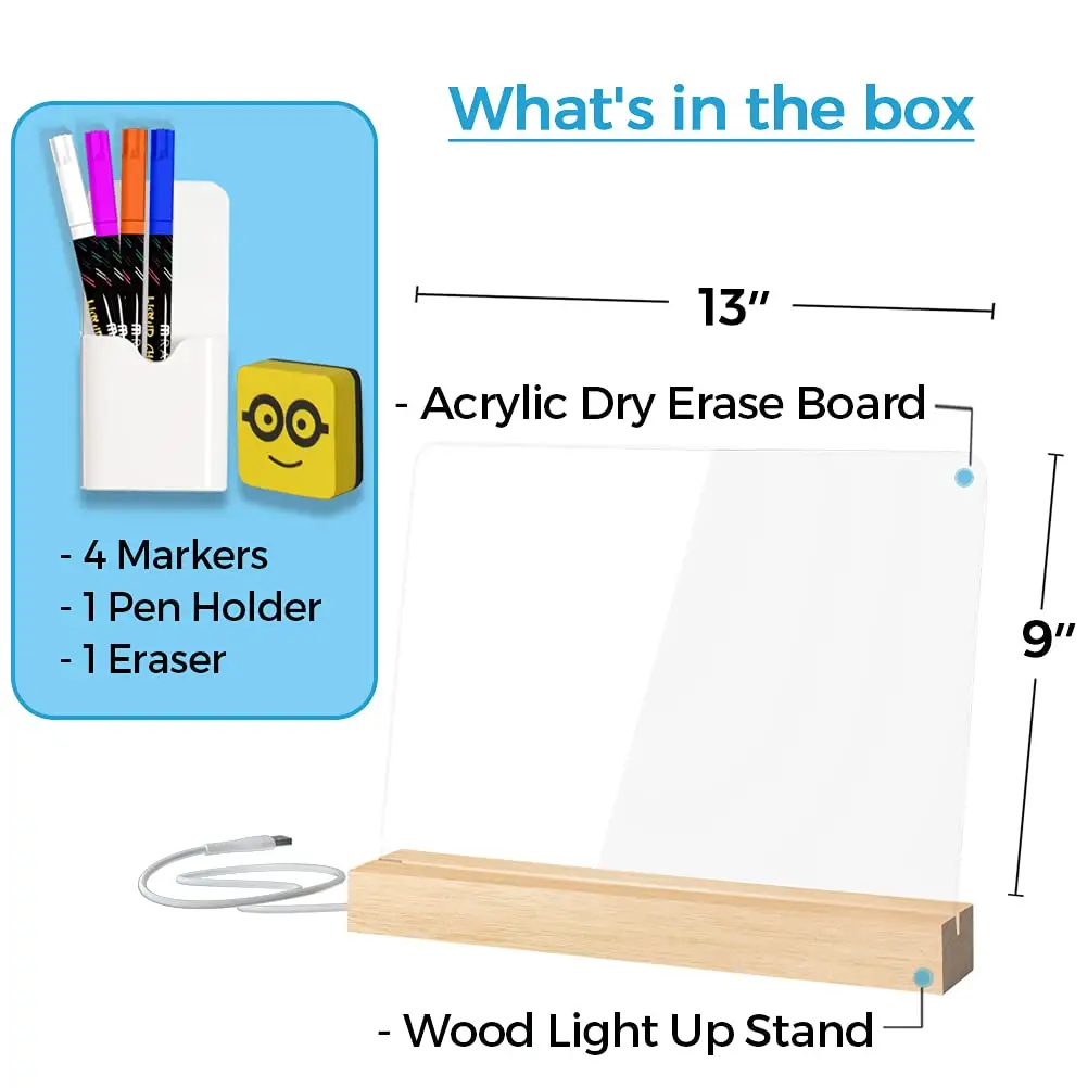 Dry Erase Acrylic Board with Wooden Stand Warm LED Note Memo Message Board erasable White Marker for Writing Office Home Bulb