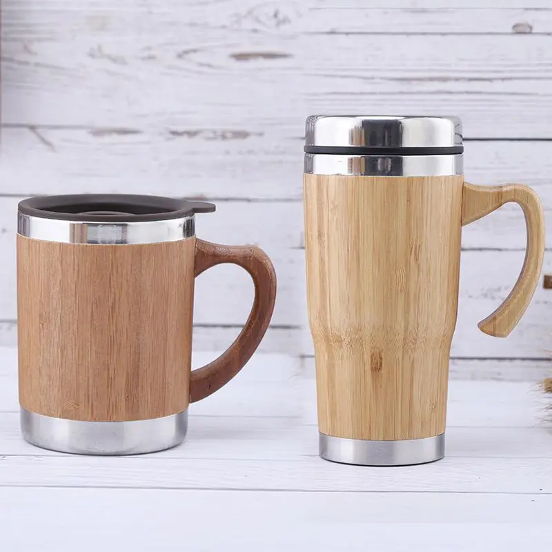 Coffee Mug Flask Tumbler Eco Friendly Leakproof Double Walled Stainless Steel Bamboo Mugs With Bamboo Handle