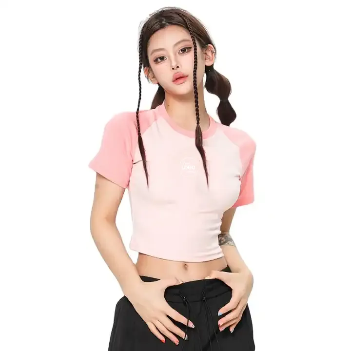 Novo estilo cor bloco y2k t camisa raglan manga angustiado bordado top colheita mulheres t-shirt