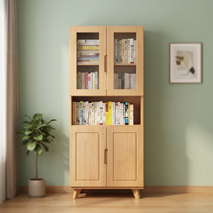Bibliothèque moderne en bois avec portes vitrées et étagères ouvertes pour le bureau à domicile et le salon - Product Image 1