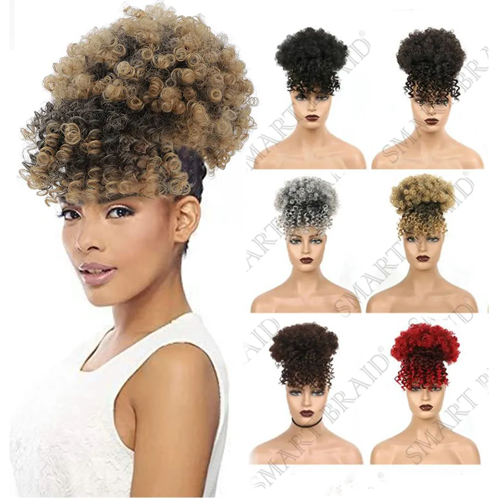 Treccia regina Chignon riccio crespo corto con Bang capelli sintetici panino coulisse coda di cavallo Afro soffio pezzi di capelli Clip estensione dei capelli