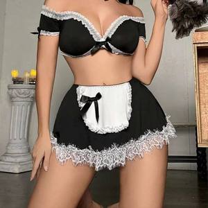 Ensemble de lingerie sexy de cosplay de femme de chambre française pour femme, avec soutien-gorge à épaules dénudées, mini-jupe et tablier à bordure en dentelle, tenue de nuit pour jeu de rôle - Product Image 4