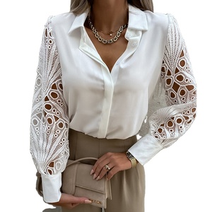 Camicie e Top da Donna Nuova Moda Europea <span class=keywords><strong>con</strong></span> Bottoni, <span class=keywords><strong>Pizzo</strong></span> Traforato, Patchwork, Maniche Lunghe, Tinta Unita, Blusa Casual da Donna - Product Image 5