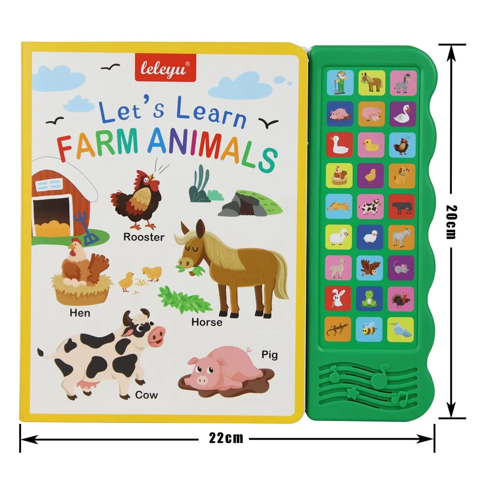 Fábrica Venda Personalizado 27 Botões Crianças Aprendendo Brinquedo Áudio Livro Capa dura Inglês Animal Sound Book