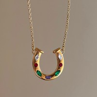 Arco Iris elementos herradura forma U forma colgante caleidoscopio botas símbolo de la suerte conjunto Zirconia colgante collar de acero inoxidable