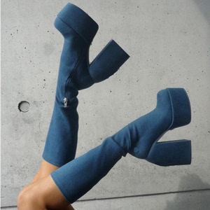 Bottes pour femme, hauteur genou, mi-mollet, talon épais, en jean - Product Image 1