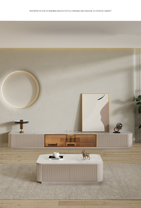 طقم أثاث فاخر وعصري لغرفة المعيشة مكون من حوامل تلفزيون عائمة وخزانة تلفزيون وطاولة قهوة ووحدة حائط للتلفزيون مع زجاج - Product Image 5