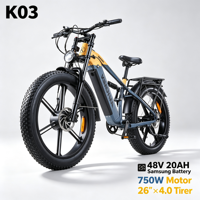 Vélo électrique avec moteur sans balais 750W, batterie 48V 20AH, autonomie 80KM, pneus larges 26x4.0, frein Shimano, 5 niveaux de assistance au pédalage (PAS), modèle K03