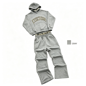 100% Cotton Vintage Mens <b>Tracksuit</b> Custom Letter Applique Logo Hoodie and Flare Sweatpants Two Piece Set Street Fashion Outfit - Product Image 5