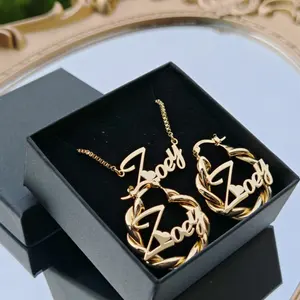 Qiuhan Stainless Steel Personalized 2Pcs Jewelry Set Custom Name Necklace With 27mm Twist Hoop Earrings Jewelry Set Cute Gift