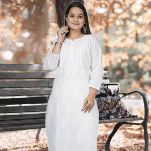 MSF White Embroidered Cotton A-Line <b>Casual</b> <b>Dress</b> <b>Long</b> Sleeve Round Neck Knee-Length Women <b>Dress</b> for Daily Wear - Product Image 2