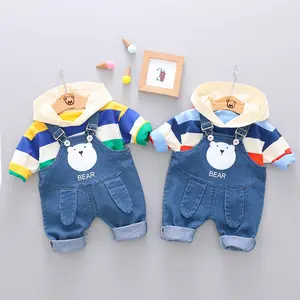 New arrive rainbow hat pocket long sleeve sweater + denim bib pants children's clothing