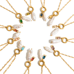 Kalung Liontin Zodiak Batu Kelahiran Berlapis Emas 18K Klasik dari Baja Anti Karat untuk Wanita, dengan Mutiara Air Tawar dan Zirkon Berwarna - Product Image 6