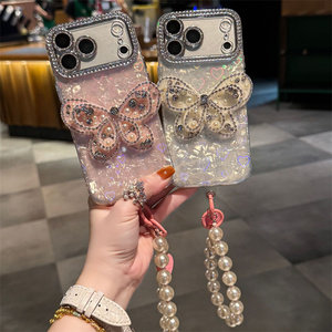 Funda de teléfono con cadena de conchas y lazo de mariposa degradado para iPhone 17 16 15 Pro Max, con dijes de diamante, cubierta trasera brillante con cordón, nueva - Product Image 4