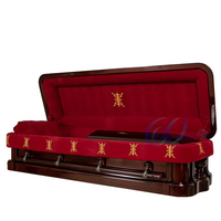 Ataúdes para adultos de estilo americano, de madera maciza de caoba africana, con acabado de alto brillo, interior de terciopelo rojo oscuro, tapa completamente abrible, para entierro.