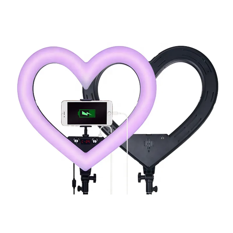 19 بوصة بث مباشر الهاتف القلب Shap أدى مصباح مصمم على شكل حلقة RGB مع حامل ثلاثي القوائم ماكياج الجمال الإضاءة ل Tik Tok Youtube