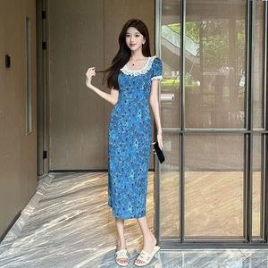 French Retro Blue Floral Print Dress Peter Pan Collar Slim Fit Vacation Wear Casual Dresses - Product Image 5
