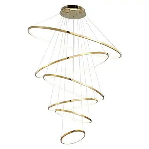 Lampu gantung cincin emas untuk tangga, lampu gantung bulat ruang tamu modern minimalis led langit-langit tinggi