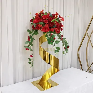 Soporte de flores en espiral de metal dorado brillante galvanizado, decoraciones de flores en la mesa principal de la boda, camino de bienvenida