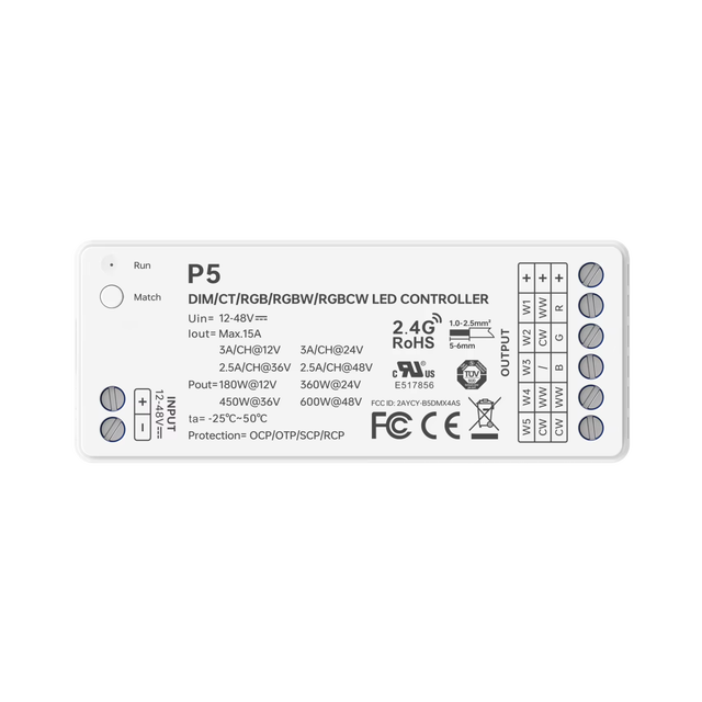 For Mini RF 2.4G 5-Channel LED Strip Controller with DIM/CT/RGBCW 30m Range 12-48V Output for LED Lighting Control P5