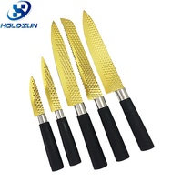 Ensemble de couteaux de cuisine de haute qualité, extra-affûtés, 5 pièces, en acier inoxydable plaqué titane doré, avec manche en PP noir, pour couper la viande
