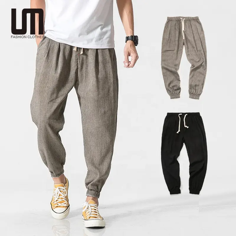 Liu Ming toptan yaz erkekler rahat günlük giyim düz renk pamuk keten pantolon orta bel cep İpli pantolon