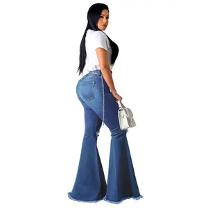 Pantalones vaqueros de talla grande europeos y americanos personalizados para mujer, agujeros rasgados de cintura alta, pantalones vaqueros grandes con dobladillo acampanado