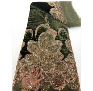 Tela de Encaje de <span class=keywords><strong>Terciopelo</strong></span> de Alta Calidad con Bordado Floral de Lujo, con Cuentas y Lentejuelas, Color Rosa, para Fiestas Nocturnas, para Mujeres Nigerianas - Product Image 1
