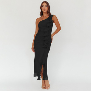 Robe de soirée longue asymétrique plissée à une épaule avec fente, dos nu, taille naturelle, en tissu respirant - Product Image 3