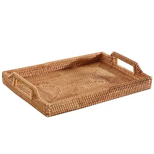Unique Design Rattan Woven <b>Tray</b> Rustic Rattan Rectangle <b>Tray</b> With Handles for Serving <b>Dinner</b> Party Coffee - Product Image 1