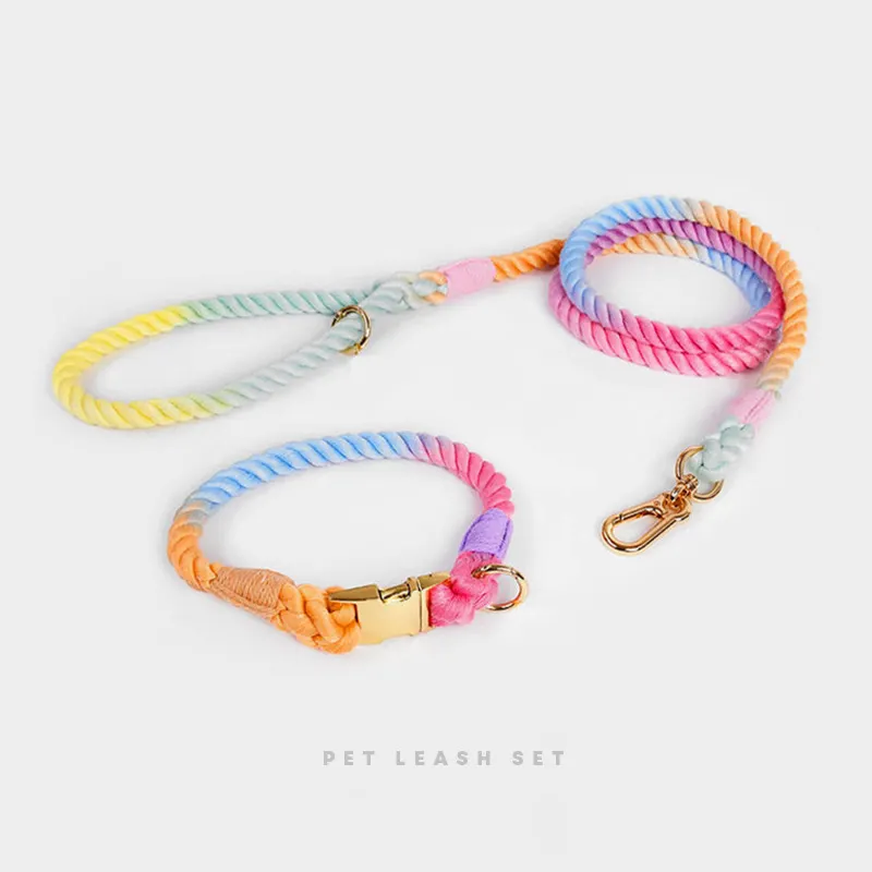 Customized Colored Gradient Cotton Rope Handmade Dog Leash match adjustable metal buckle dog collar Pet accessories