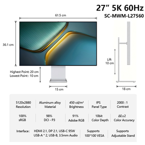 Moniteur <span class=keywords><strong>PC</strong></span> TCOLOR 5K 27 pouces vertical, écran de studio, écran d'ordinateur de bureau avec USB-C pour la photographie et la conception graphique - Product Image 2