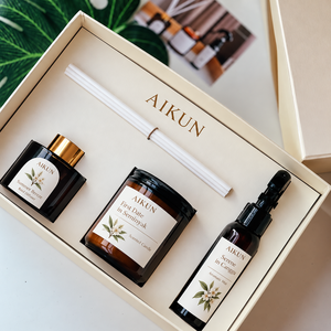 Aikun Amber Glass Botanical Three Piece Home <b>Fragrance</b> Gift Set with Candle Reed Diffuser Room Linen Spray Custom Packaging - Product Image 2