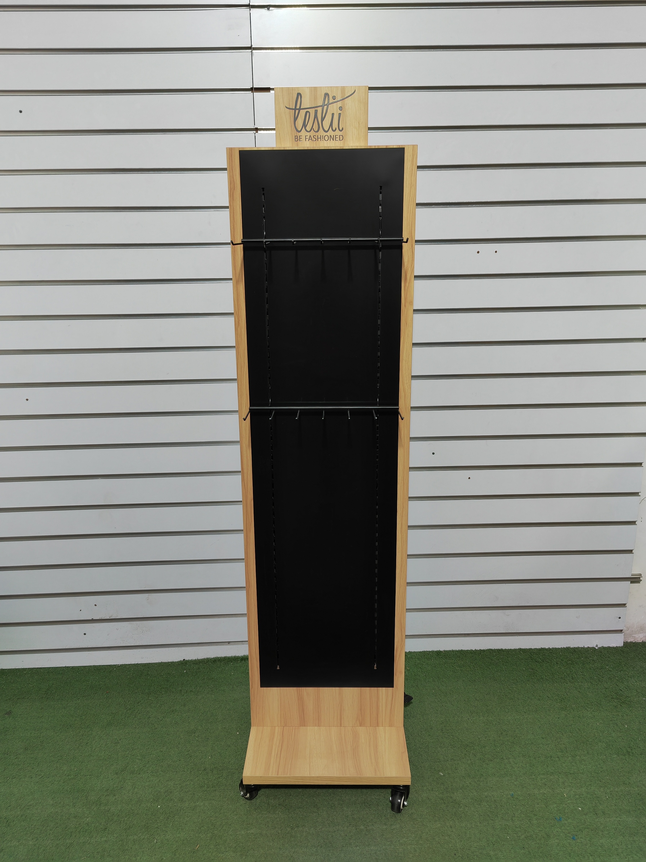 Jewelry & Headgear Display Stand Wooden Double-side Metal Hooks Floor Standing Shelf Custom Logo for Advertising Retail Shops — view 2