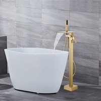 Grifo de Bañera de Lujo Moderno de Latón Dorado con Válvula Cerámica de Cascada, Monomando, de Pie, para Montaje en Suelo