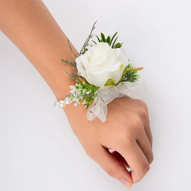 Pulsera con flores y flores para hombre, brazalete con rosas blancas para boda