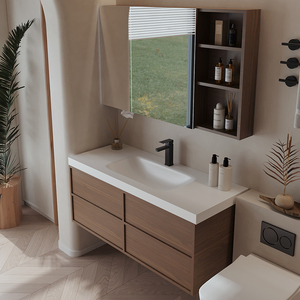 Meuble-lavabo de salle de bain <span class=keywords><strong>Anran</strong></span>, nouveau style moderne du milieu du siècle, en bois de noyer, avec un lavabo intégré en dalle de roche cintrée à chaud, à fixer au mur - Product Image 3