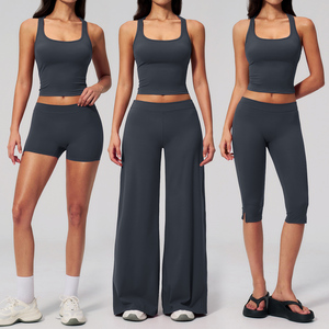OEM ODM Square Neck Racerback Vest <strong>Low</strong> <strong>Waist</strong> Split Hem Capri <strong>Leggings</strong> Wide Leg Pants Quick Dry Shorts Women's Fitness Yoga Set - Product Image 1