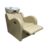 Fauteuil de lavage électrique beige à moteur unique avec hauteur réglable, base chromée, cuir synthétique, logo personnalisé pour salon de coiffure