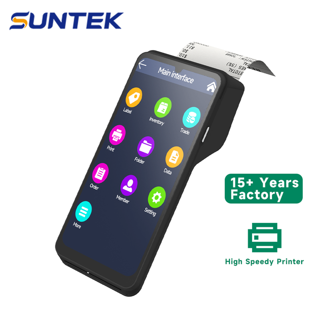 SUNTEK Gms NFC Bluetooth 1/2D Android 15.0 Touch Screen Handheld Ticket POS Terminal with 58mm Thermal Printer
