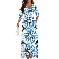 Robe longue décontractée de plage pour femme, imprimé tribal polynésien hawaïen, col en V, manches 3/4, ceinture, poches, grande taille