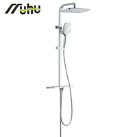 Colonne de douche murale chromée avec mitigeurs, kit de pommes de douche effet pluie en acier inoxydable et étagère de rangement