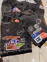 Veste à capuche zippée en denim délavé pour homme DiZNEW avec patchs, broderies, strass, style streetwear, logo personnalisé, OEM, ODM, vente en gros