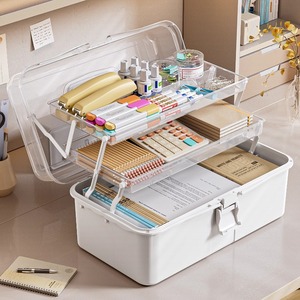 Boîte de rangement transparente à trois couches pour papeterie de bureau, pliable, avec couvercle, pour outils artistiques, pinceaux, fournitures de calligraphie - Product Image 1