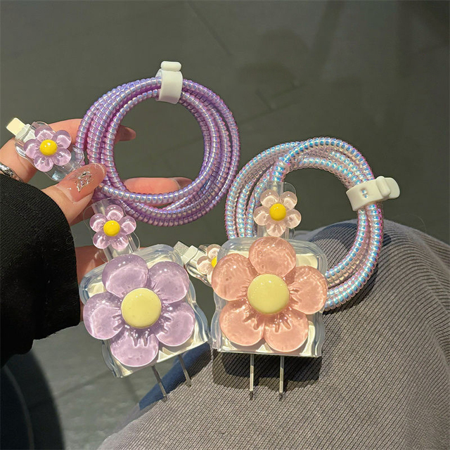 Cute 3D Flower Clear Silicone Charger Cable Protective Case for iPhone 18W/20W Data Line Head Cord Fast Charging Case Cover