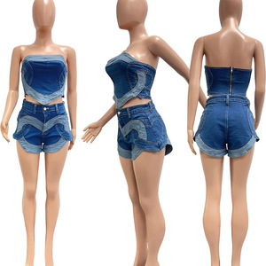 Ensemble 2 pièces décontracté pour femme : Haut bustier sexy et short en jean délavé à motif cœur, très élastique, tendance - Product Image 6
