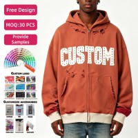 Sudadera con capucha para hombre de peso pesado, 420 g/m², 100% algodón, lavado y desgastado, estampado DTG, corte ajustado, cremallera completa, cuello redondo y puños acanalados