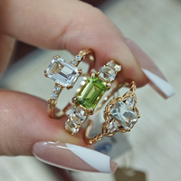Bague en argent sterling 925 plaqué or 14 carats avec pierres précieuses géométriques, péridot, topaze bleu ciel rectangulaire, quartz et cristal vert naturel