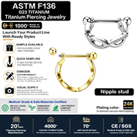 Piercing de téton en titane ASTM F136 avec zircone cubique sertie à griffes, 14G, qualité implantable, barbell incurvé, bijou corporel, anneau de téton