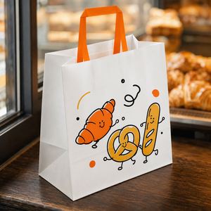 Sacs en papier blancs personnalisés avec logo, poignées plates orange, pour boulangerie, pain, gâteaux, emballage à emporter, sacs de courses recyclables - Product Image 4